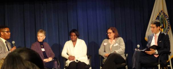  U.S. Dept. of Ed panel on "Beyond the Wall" with (L-R) student Jeffrey Wood; mentor, Sally Schwartz; mother, Pamela Bullock; teacher, Stacey Yule; and Dpty Asst Secy, Mohamed Abdel-Kader