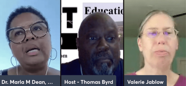 Dr. Marla Dean (Black woman with short natural hair, round-frame eyeglasses, and hoop earrings), Thomas Byrd (Black man with no hair and graying beard), and Valerie Jablow (white woman with long hair pulled back and oval eyeglasses)