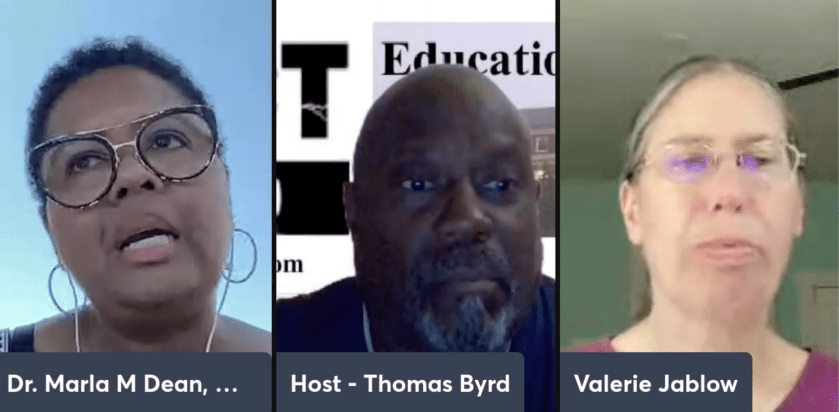 Dr. Marla Dean (Black woman with short natural hair, round-frame eyeglasses, and hoop earrings), Thomas Byrd (Black man with no hair and graying beard), and Valerie Jablow (white woman with long hair pulled back and oval eyeglasses)