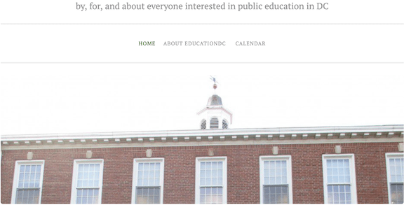 header image from EducationDC blog showing title and tag line "by, for, and about everyone interested in public education in DC," over image of school building